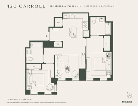 Floor plan for 2 beds, 2 baths, 886 sqft